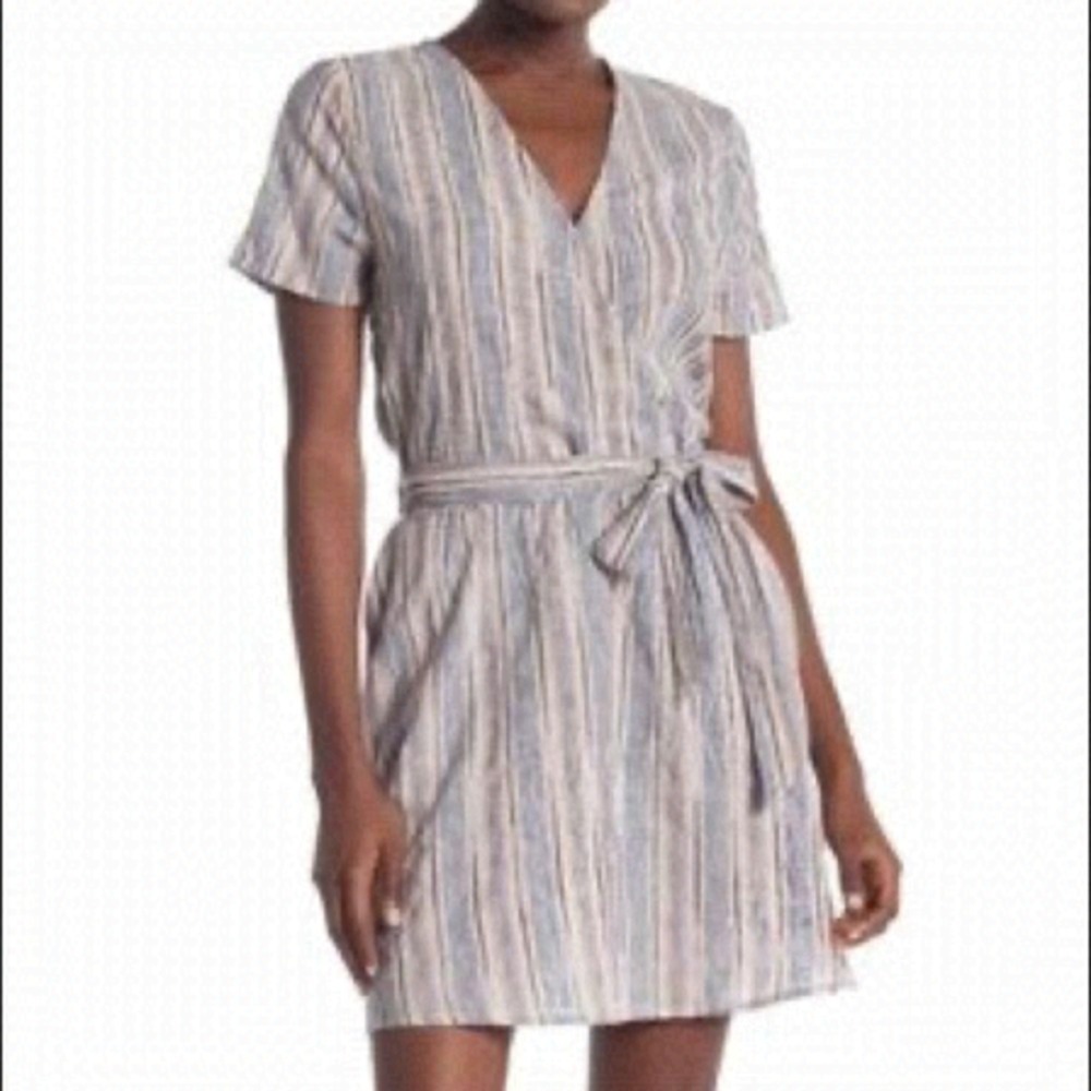 Susina Womens‎ Blue Tan Striped Short Sleeve Faux Wrap Dress Pockets Nordstrom M